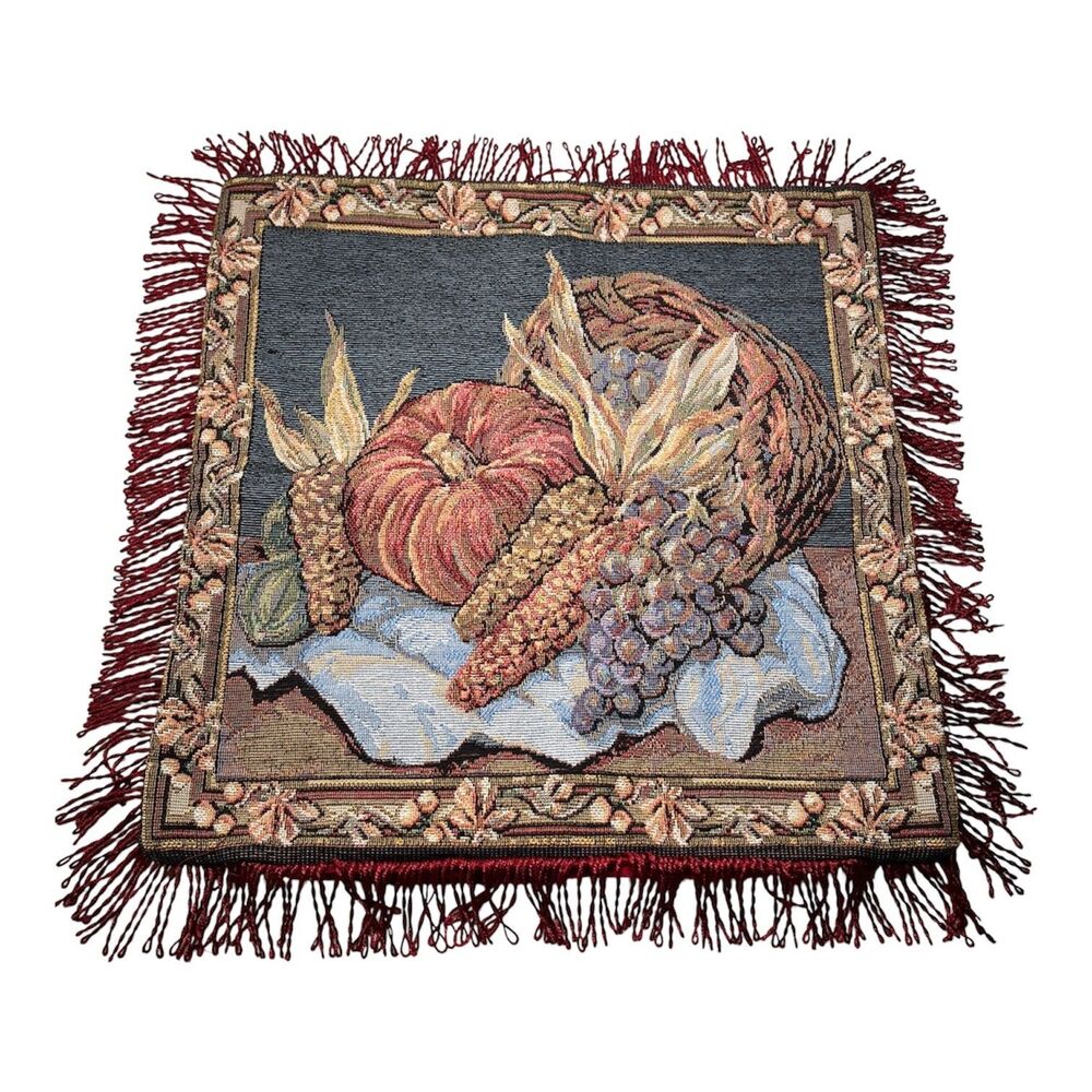 Vtg Cornucopia Fruit Vegetables Fall Throw Pillow Cover Tapestry American Linen